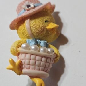 Yellow Chick Figurine with Pink Hat and Basket - Decorative Bird Accent